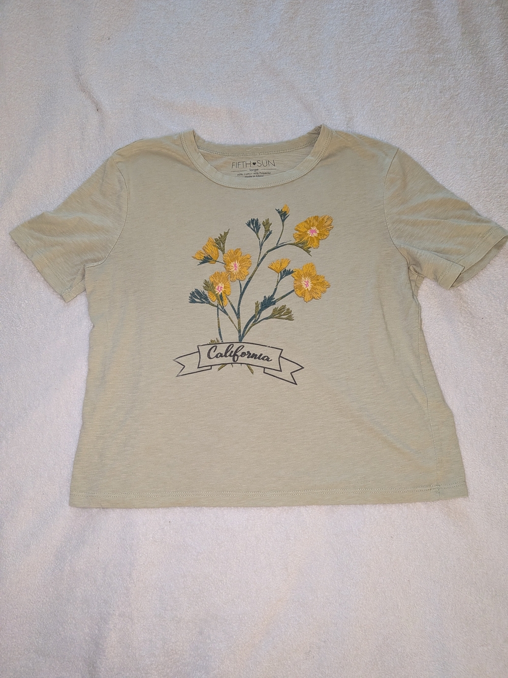 Fifth Sun Cropped Cream Tee with Yellow Floral California Graphic